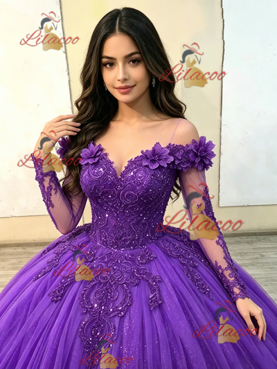 Purple Tulle Long Sleeve Appliques Quinceanera Dress