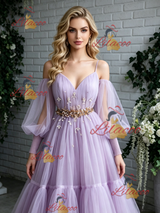 Purple Tulle Long Sleeve Pleats Prom Dress