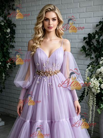 Purple Tulle Long Sleeve Pleats Prom Dress
