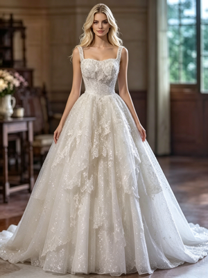 White Sequins Straps Wedding Dress
