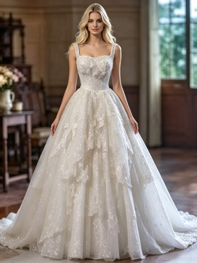 White Sequins Straps Wedding Dress