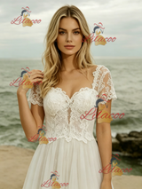 White Lace Short Sleeve Wedding Dress