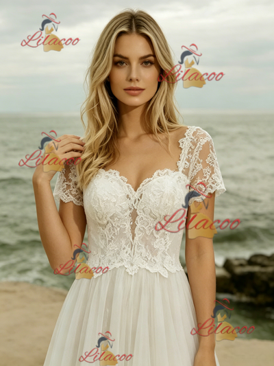 White Lace Short Sleeve Wedding Dress
