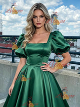 Green Satin Puff Sleeve Square Neck Prom Dress
