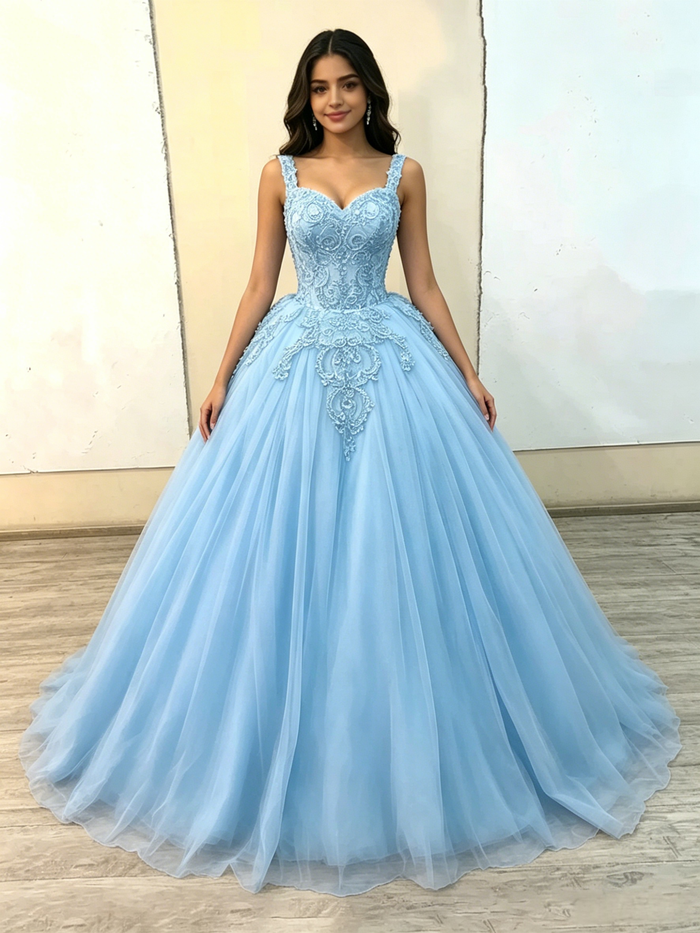 Blue Tulle Straps Appliques Quinceanera Dress
