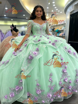 Green Tulle Long Sleeve 3D Flower Quinceanera Dress