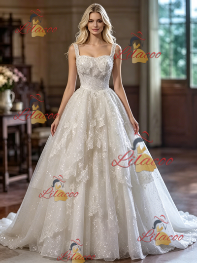 White Sequins Straps Wedding Dress