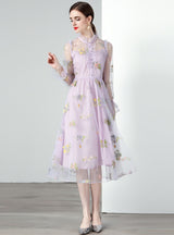 Purple Gauze Embroidery Slim Dress