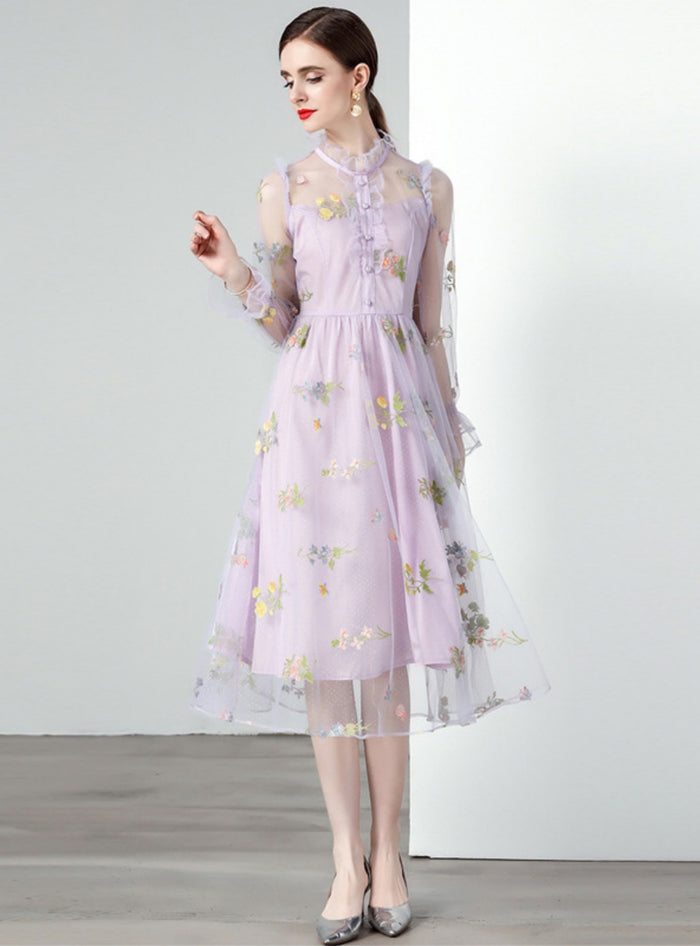 Purple Gauze Embroidery Slim Dress