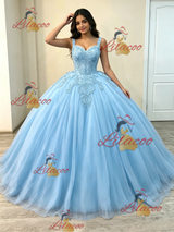 Blue Tulle Straps Appliques Quinceanera Dress