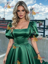 Green Satin Puff Sleeve Square Neck Prom Dress