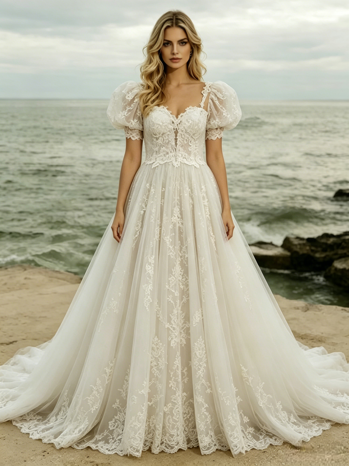 White Tulle Tulle Puff Sleeve Wedding Dress