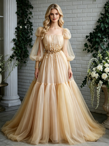 Champagne Tulle Long Sleeve Pleats Prom Dress