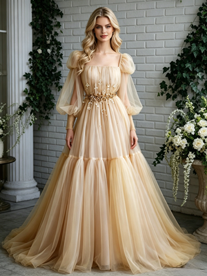 Champagne Tulle Long Sleeve Pleats Prom Dress
