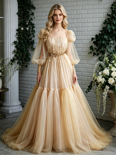 Champagne Tulle Long Sleeve Pleats Prom Dress