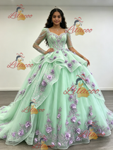 Green Tulle Long Sleeve 3D Flower Quinceanera Dress