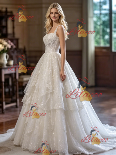 White Sequins Straps Wedding Dress