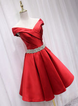 Red Satin Off the Shoulder Pleats Homecoming Dress