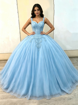 Blue Tulle Straps Appliques Quinceanera Dress