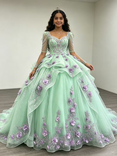 Green Tulle Long Sleeve 3D Flower Quinceanera Dress