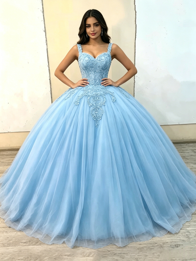 Blue Tulle Straps Appliques Quinceanera Dress