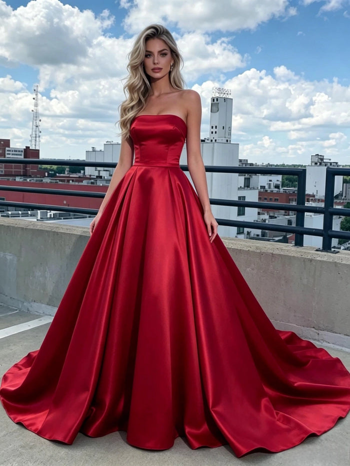 Red Satin Strapless Prom Dress