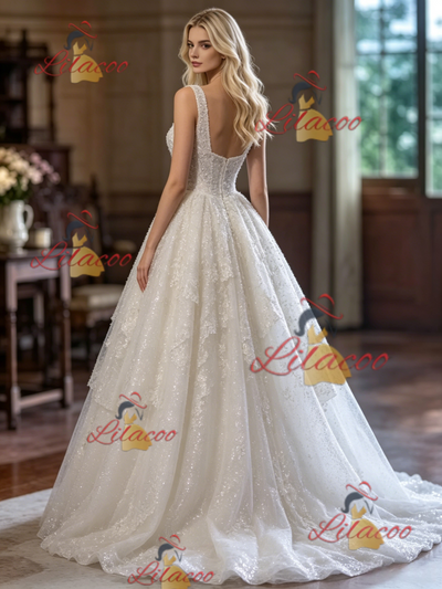 White Sequins Straps Wedding Dress