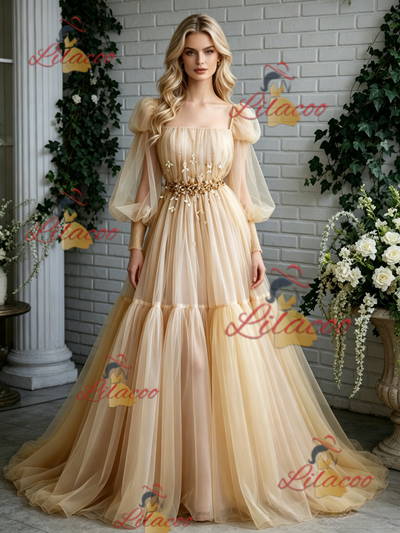 Champagne Tulle Long Sleeve Pleats Prom Dress