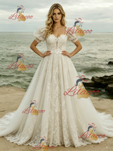 White Tulle Tulle Puff Sleeve Wedding Dress