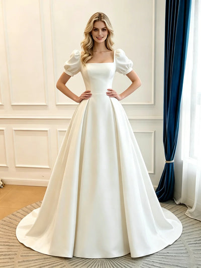 Beige White Satin Puff Sleeve Wedding Dress