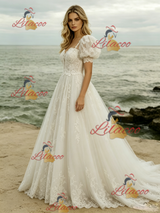 White Tulle Tulle Puff Sleeve Wedding Dress