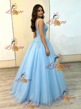 Blue Tulle Straps Appliques Quinceanera Dress