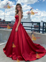 Red Satin Strapless Prom Dress