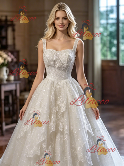 White Sequins Straps Wedding Dress