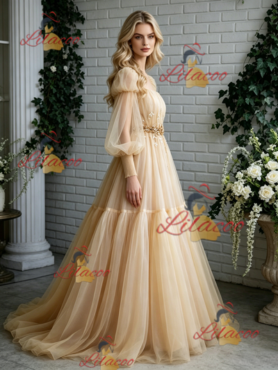 Champagne Tulle Long Sleeve Pleats Prom Dress