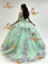 Green Tulle Long Sleeve 3D Flower Quinceanera Dress