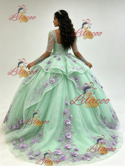 Green Tulle Long Sleeve 3D Flower Quinceanera Dress