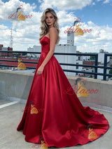 Red Satin Strapless Prom Dress