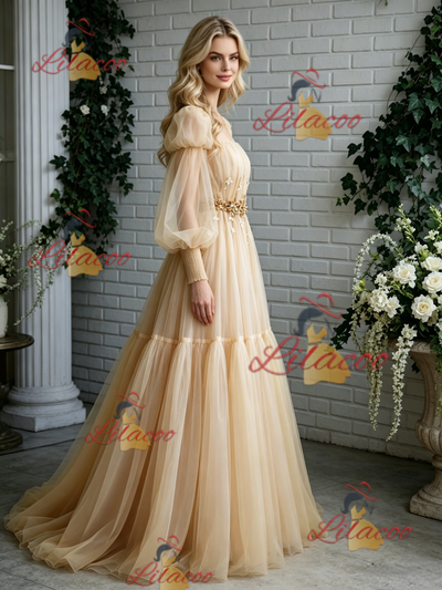 Champagne Tulle Long Sleeve Pleats Prom Dress