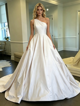 White Satin One Shoulder Wedding Dress