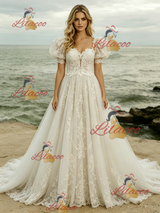 White Tulle Tulle Puff Sleeve Wedding Dress