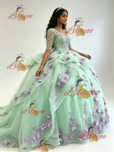 Green Tulle Long Sleeve 3D Flower Quinceanera Dress