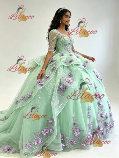 Green Tulle Long Sleeve 3D Flower Quinceanera Dress