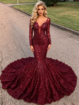 Burgundy Sequins Long Sleeve Prom Dress