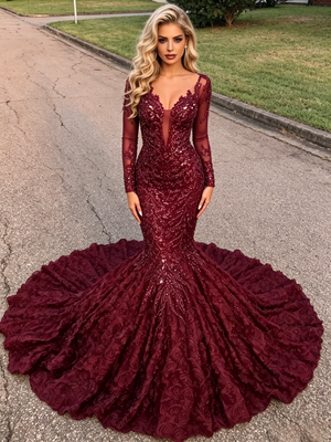 Burgundy Sequins Long Sleeve Prom Dress