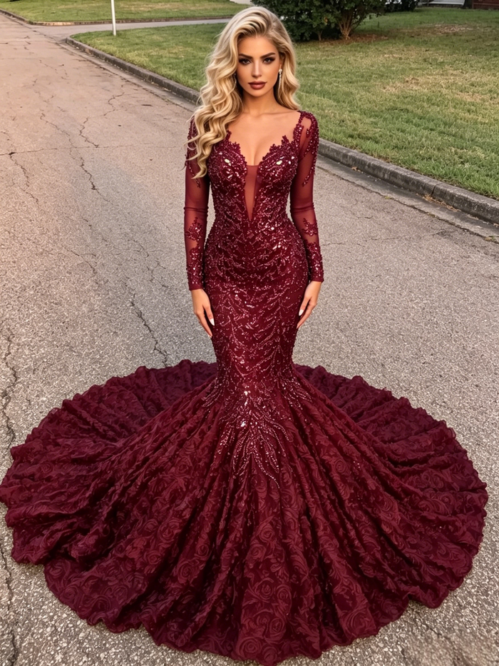 Burgundy Sequins Long Sleeve Prom Dress