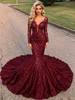 Burgundy Sequins Long Sleeve Prom Dress