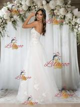White Tulle Appliques Spahetti Straps Wedding Dress