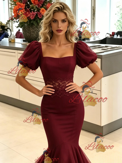 Burgundy Mermaid Tulle Puff Sleeve Prom Dress