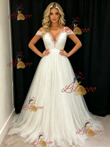 White Tulle Straps Pleats Wedding Dress